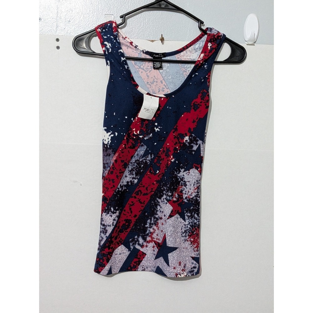 Rue21 Womens Americana Star Stripe Flag Print Tank Top Red White Blue XS NWT